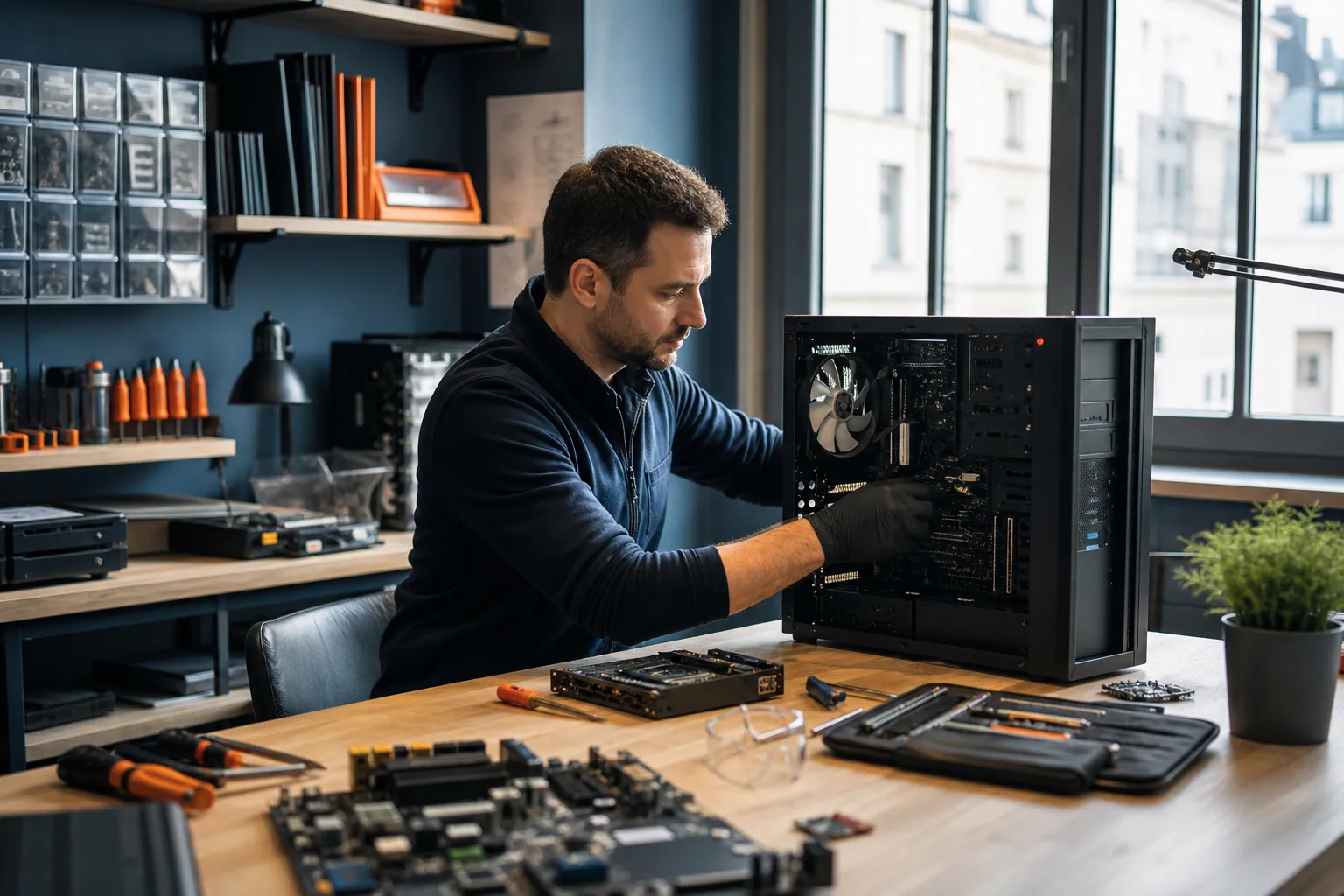 Technicien préparant un ordinateur sur un établi organisé avec composants et outils de précision
