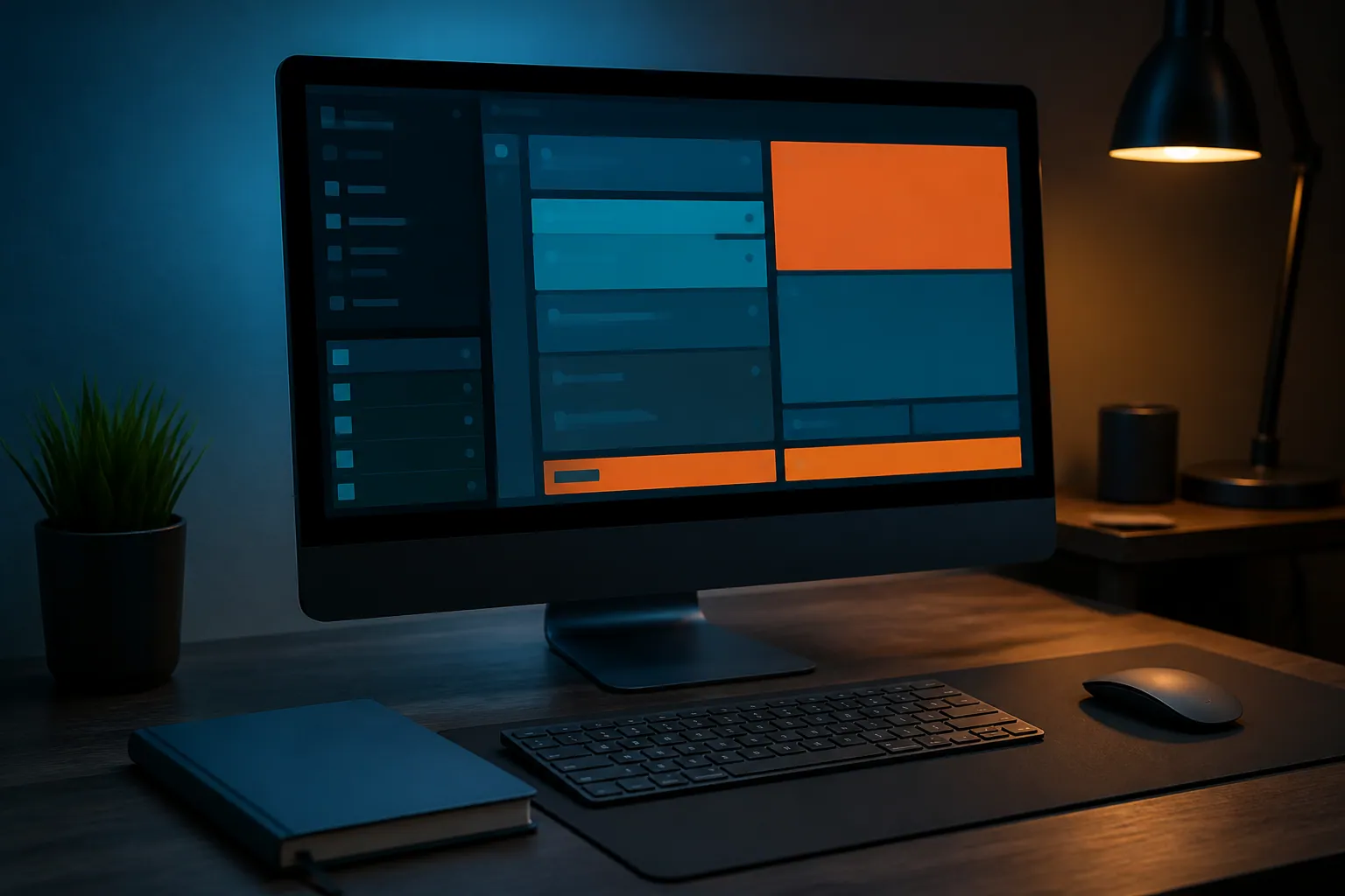 Écran d’ordinateur affichant une interface logicielle abstraite sans texte lisible