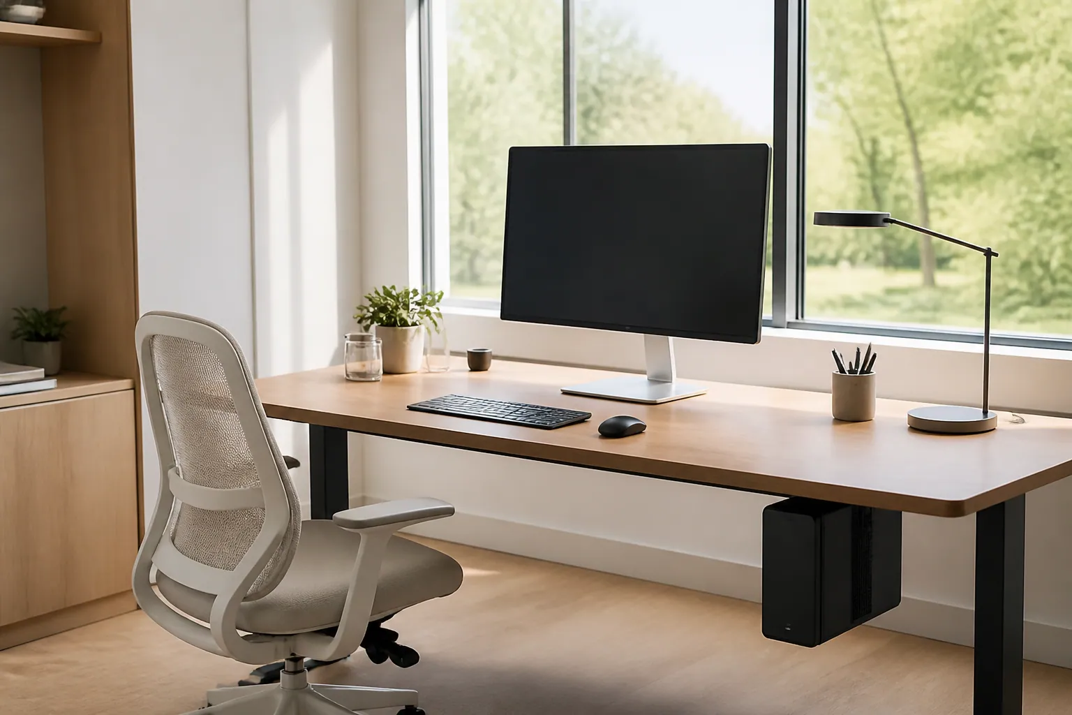 Poste informatique complet installé sur un bureau lumineux et ordonné